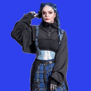 Goth Emo Punk Black and Blue Cropped Top Hoodie - One Size